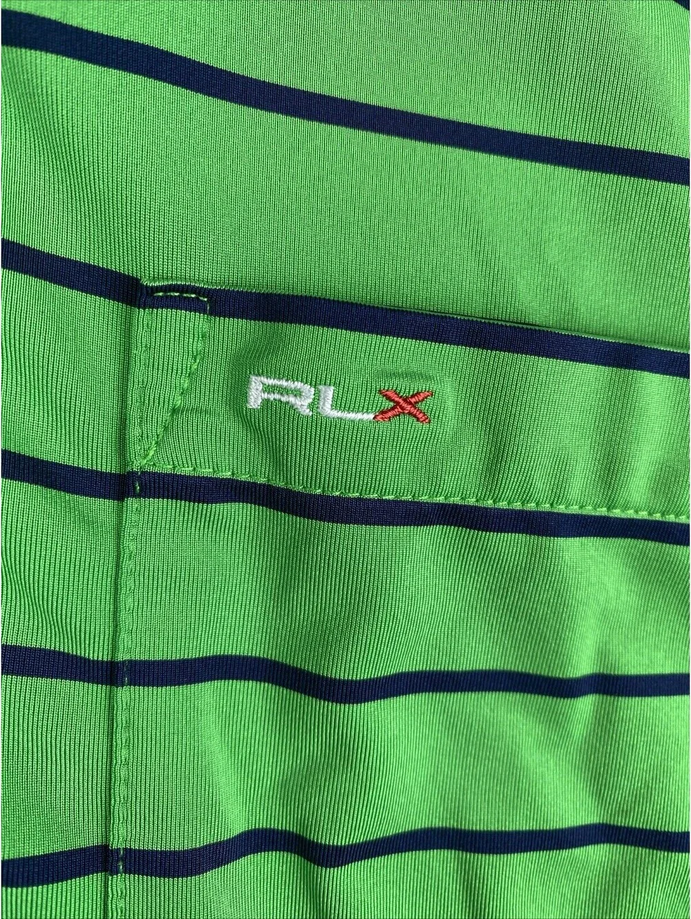 RLX Ralph Lauren Mens Sz Large Green Navy Striped Stretch Golf Polo Shirt